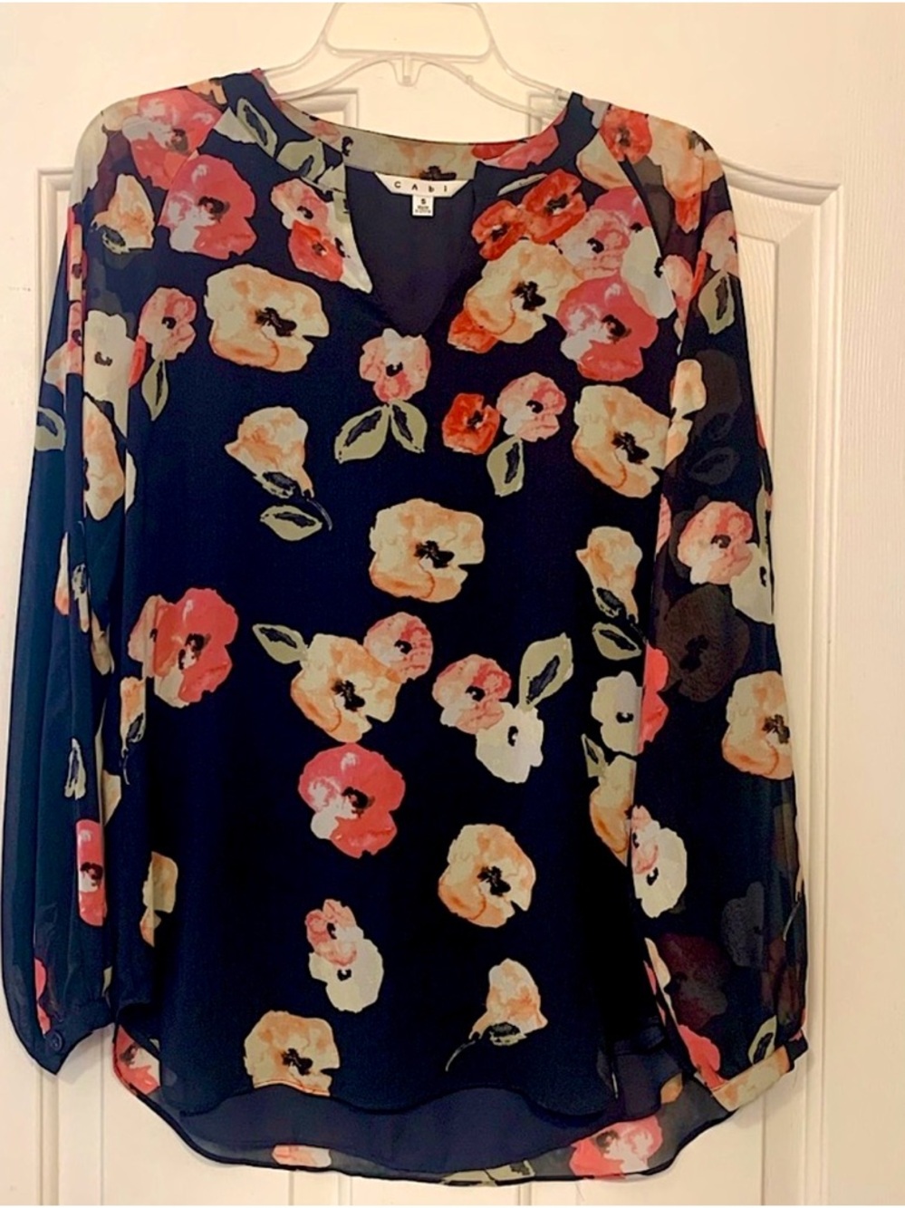 CAbi Black Floral V-Neck Long Sleeve Blouse with Coral & Cream Blooms